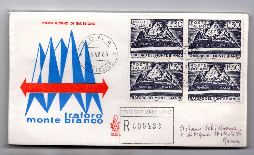 Italia FDC Venetia 1965 Monte Bianco quartina viaggiata Racc. per l'Italia