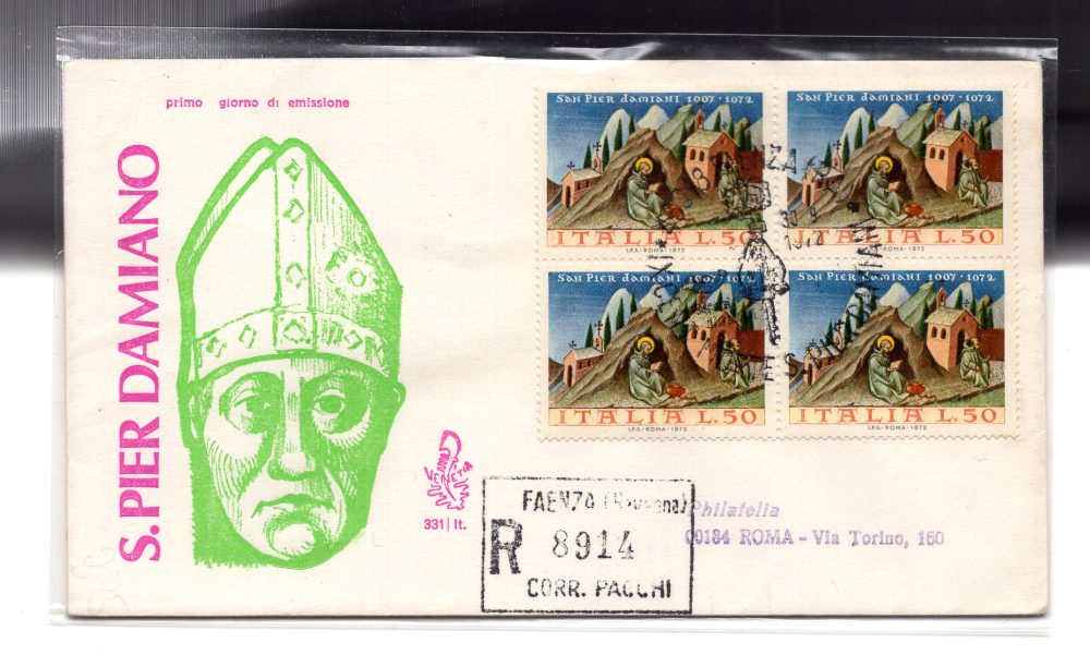 Italia FDC Venetia 1972 San Pier Damiano quartina viaggiata Racc. per l'Italia