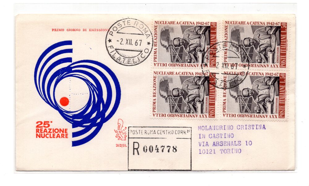 Italia FDC Venetia 1967 Reazione Nucleare quartina viaggiata Racc. per l'Italia