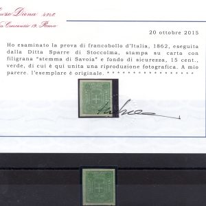 Saggio Sparre - Cent. 15 Stemma di Savoia in verde su carta giallastra