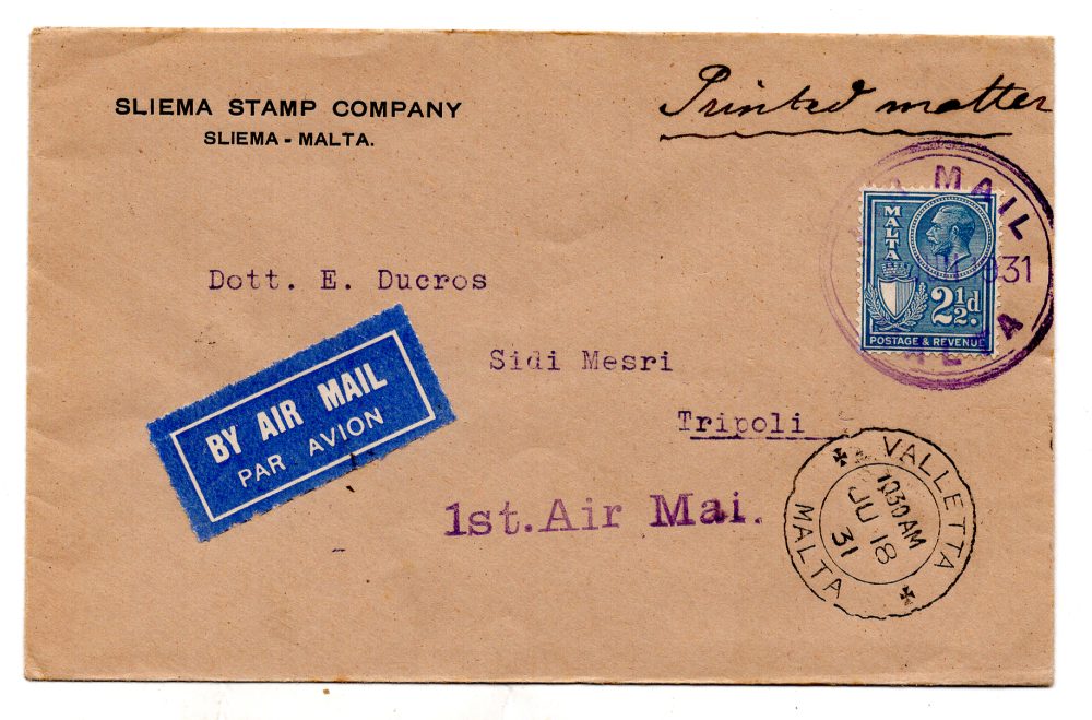 Malta - Tripoli del 18.6.31 - Aerogramma inoltrato con il I° volo