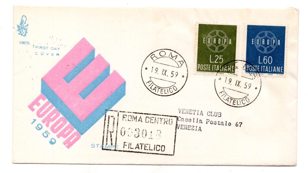 Italia FDC Venetia 1959 Europa  viaggiata Racc. per l'Italia
