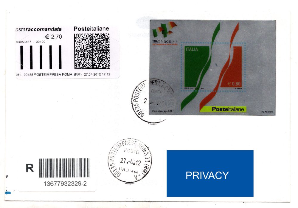 Lamina in argento su busta - Curioso documento postale