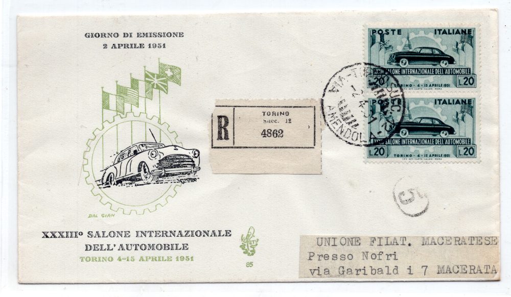 Salone dell'Auto '51 coppia su FDC Venetia Raccomandata per l'Italia