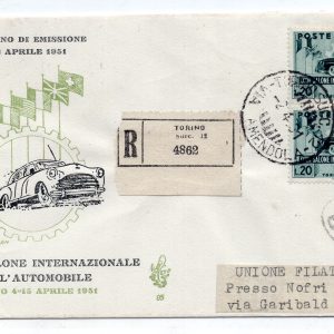 Salone dell'Auto '51 coppia su FDC Venetia Raccomandata per l'Italia