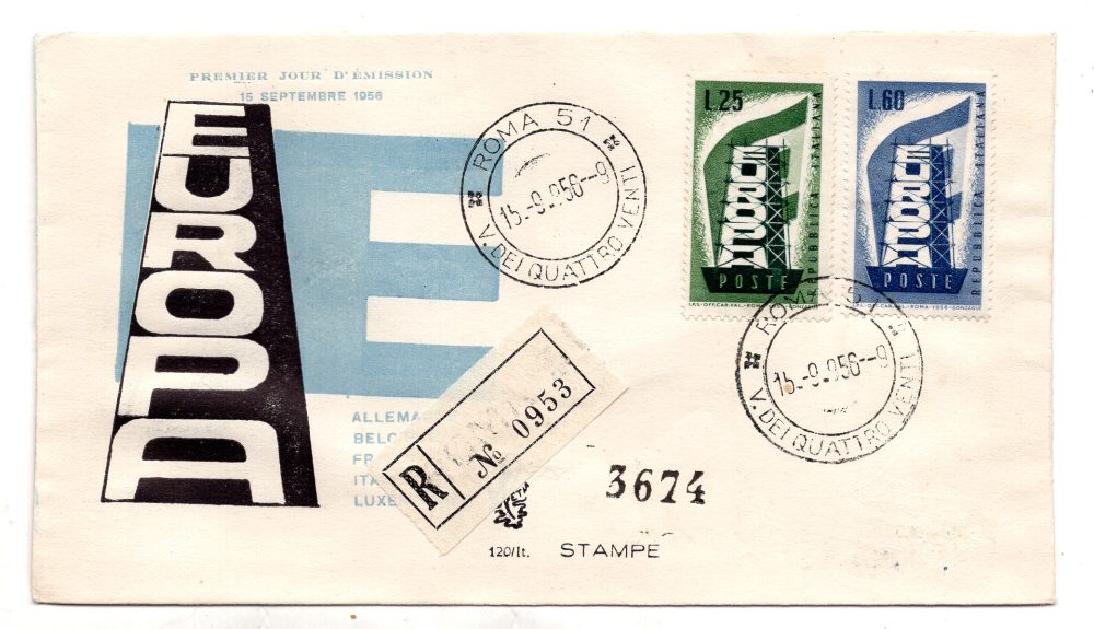 Italia FDC Venetia 1956 Europa  viaggiata Racc. per l'Italia