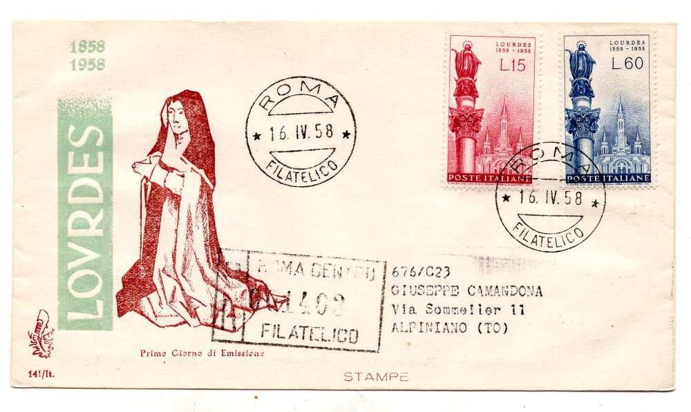 Italia FDC Venetia 1958 Lourdes  viaggiata Racc. per l'Italia