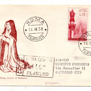 Italia FDC Venetia 1958 Lourdes  viaggiata Racc. per l'Italia