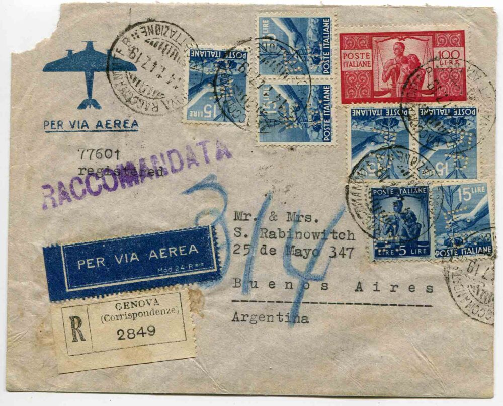 Democratica Lire 100 (I° lastra) n. 565 su busta racc. via aerea per l'Argentina