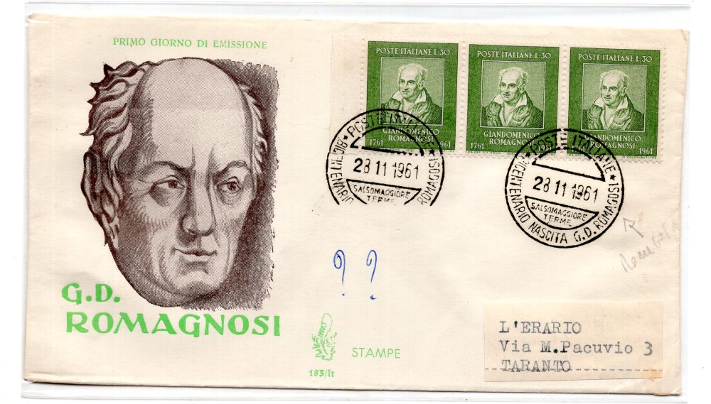 Italia FDC Venetia 1961 Romagnosi striscia di tre viaggiata per l'Italia