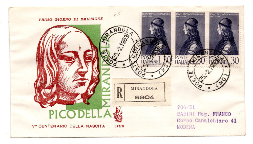 Italia FDC Venetia 1963 Mirandola striscia di tre viaggiata Racc. per l'Italia