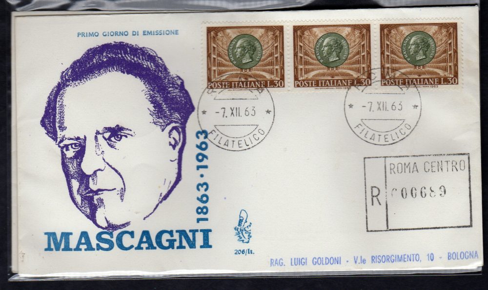 Italia FDC Venetia 1963 Mascagni striscia di tre viaggiata Racc. per l'Italia