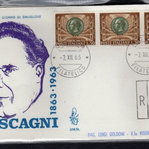 Italia FDC Venetia 1963 Mascagni striscia di tre viaggiata Racc. per l'Italia