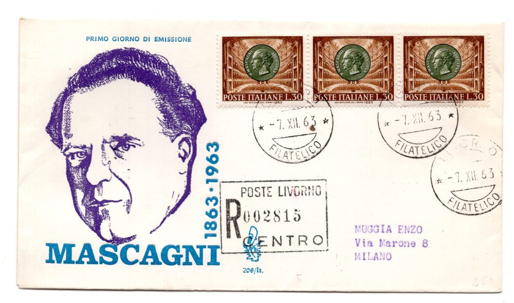 Italia FDC Venetia 1963 Mascagni striscia di tre viaggiata Racc. per l'Italia