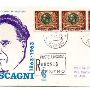 Italia FDC Venetia 1963 Mascagni striscia di tre viaggiata Racc. per l'Italia