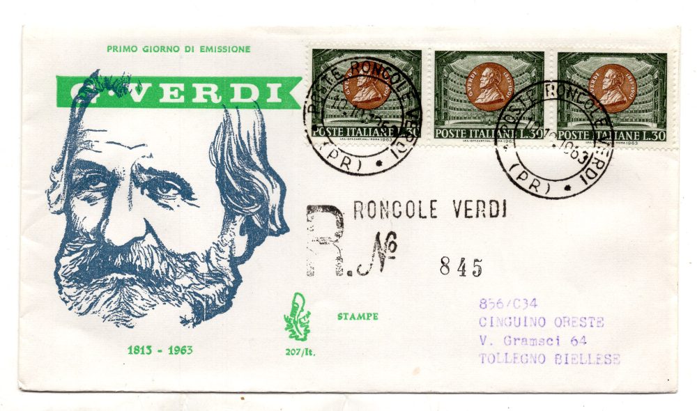 Italia FDC Venetia 1963 Verdi striscia di tre viaggiata Racc. per l'Italia