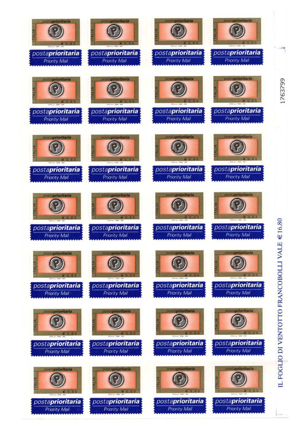 Posta Prioritaria € 0,60 2004 - I° Tipo 28 esemplari e 28 etichette
