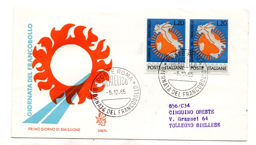 Italia FDC Venetia 1965 VII Giornata francobollo coppia viaggiata  per l'Italia