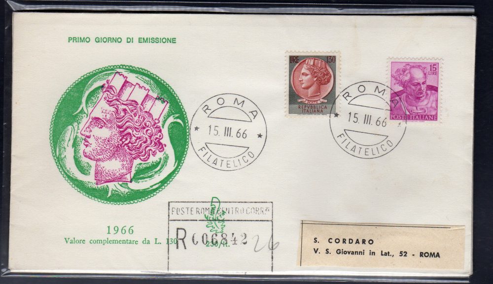 Italia FDC Venetia 1966 Siracusana Lire 130  viaggiata Racc. per l'Italia