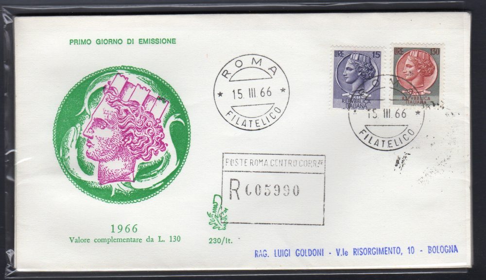 Italia FDC Venetia 1966 Siracusana Lire 130  viaggiata Racc. per l'Italia