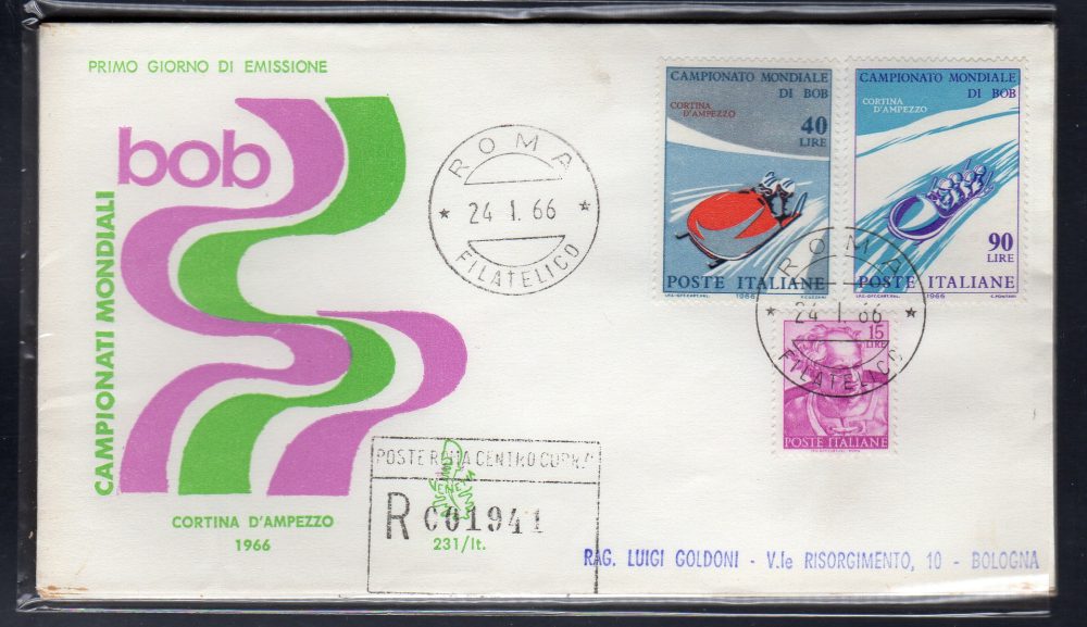 Italia FDC Venetia 1966 Campioni Mondiali di bob  viaggiata Racc. per l'Italia