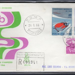 Italia FDC Venetia 1966 Campioni Mondiali di bob  viaggiata Racc. per l'Italia