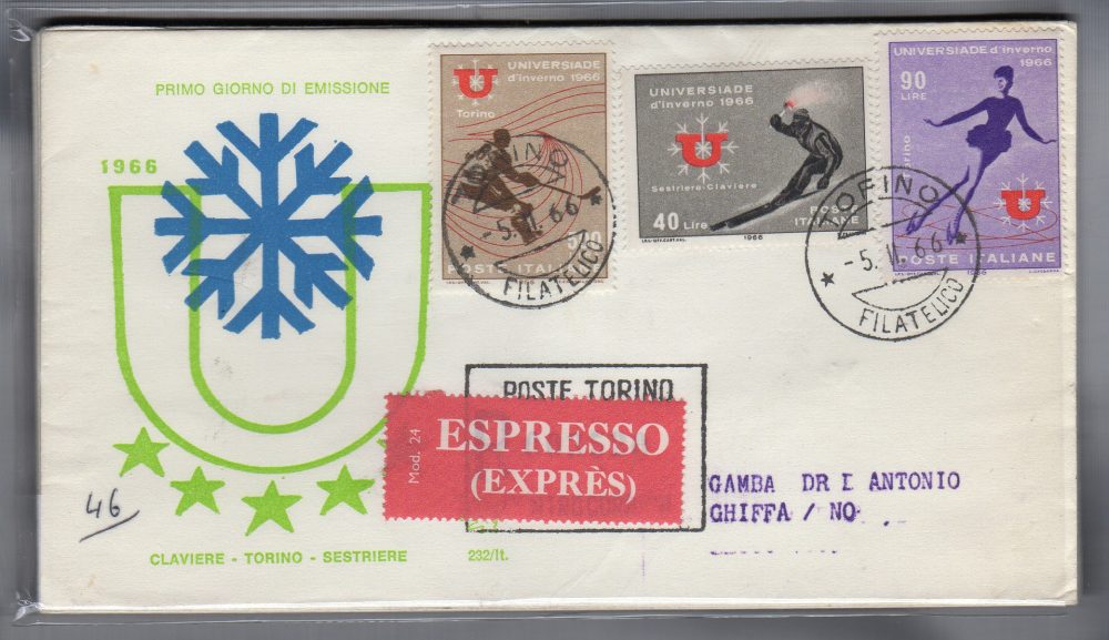 Italia FDC Venetia 1966 Universiade invernale  viaggiata Exp. per l'Italia