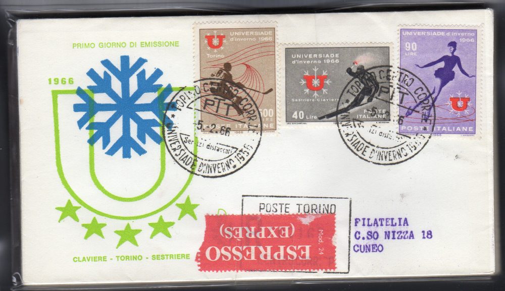 Italia FDC Venetia 1966 Universiade invernale  viaggiata Exp. per l'Italia