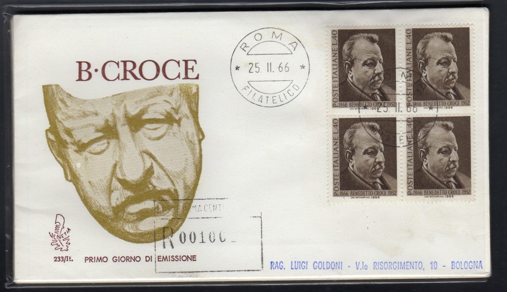 Italia FDC Venetia 1966 Benedetto Croce quartina viaggiata Racc. per l'Italia