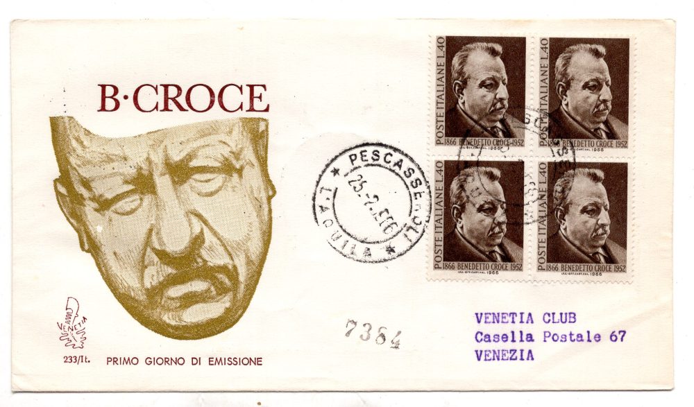 Italia FDC Venetia 1966 Benedetto Croce quartina viaggiata Racc. per l'Italia