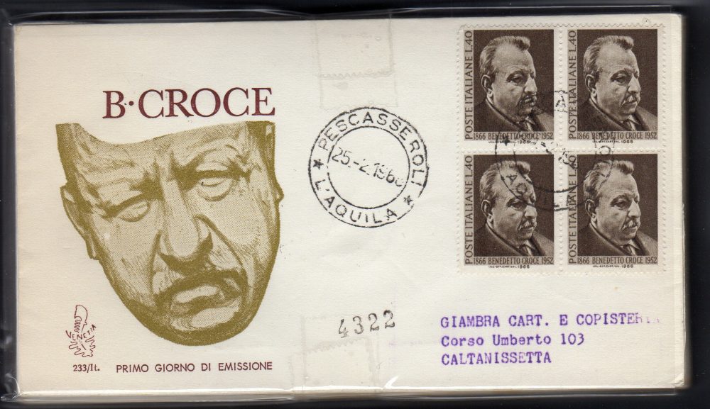 Italia FDC Venetia 1966 Benedetto Croce quartina viaggiata Racc. per l'Italia