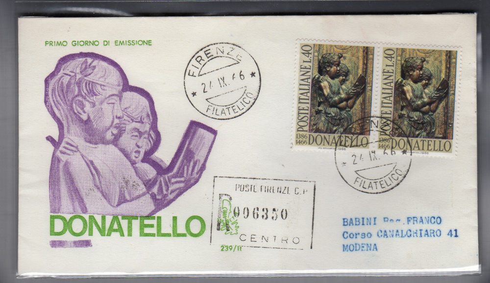 Italia FDC Venetia 1966 Donatello coppia viaggiata Racc. per l'Italia