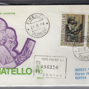 Italia FDC Venetia 1966 Donatello coppia viaggiata Racc. per l'Italia