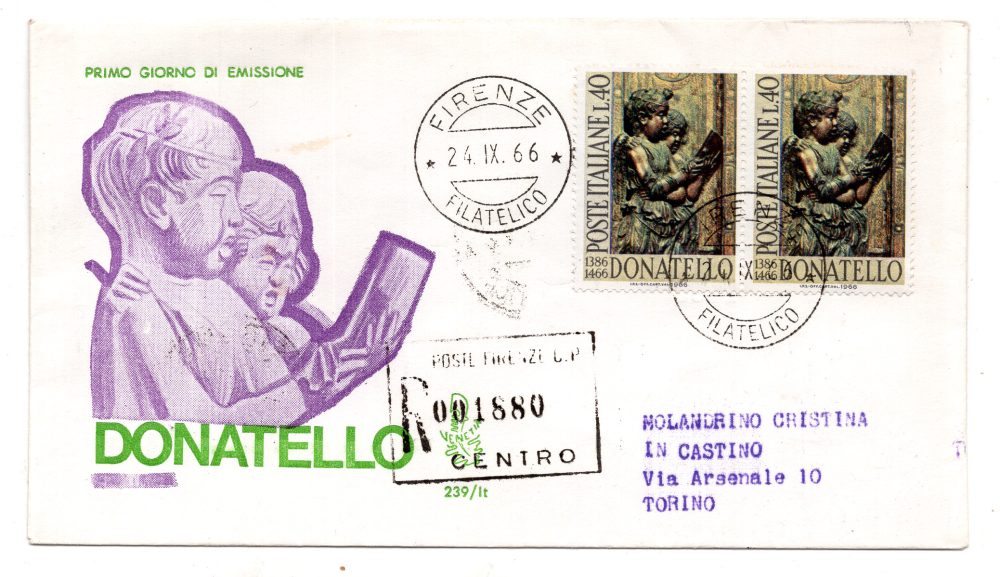 Italia FDC Venetia 1966 Donatello coppia viaggiata Racc. per l'Italia 715