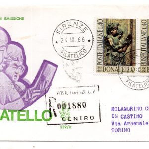 Italia FDC Venetia 1966 Donatello coppia viaggiata Racc. per l'Italia 715