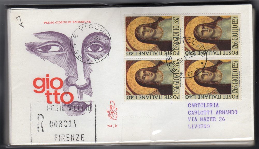 Italia FDC Venetia 1966 Giotto quartina viaggiata Racc. per l'Italia 723