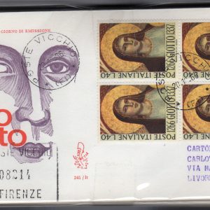 Italia FDC Venetia 1966 Giotto quartina viaggiata Racc. per l'Italia 723