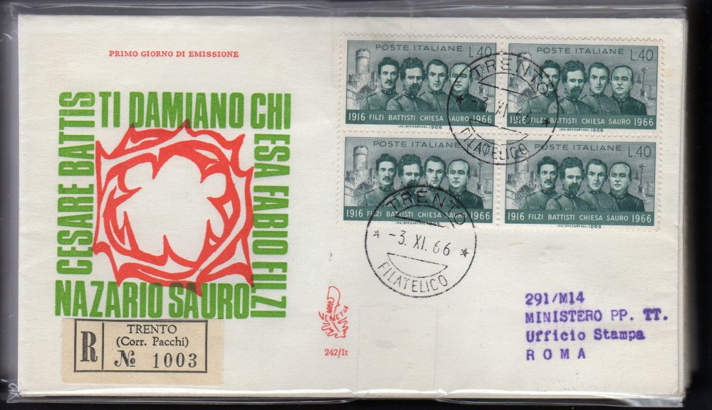 Italia FDC Venetia 1966 Filzi quartina viaggiata Racc. per l'Italia