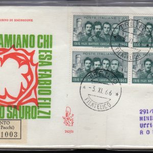 Italia FDC Venetia 1966 Filzi quartina viaggiata Racc. per l'Italia