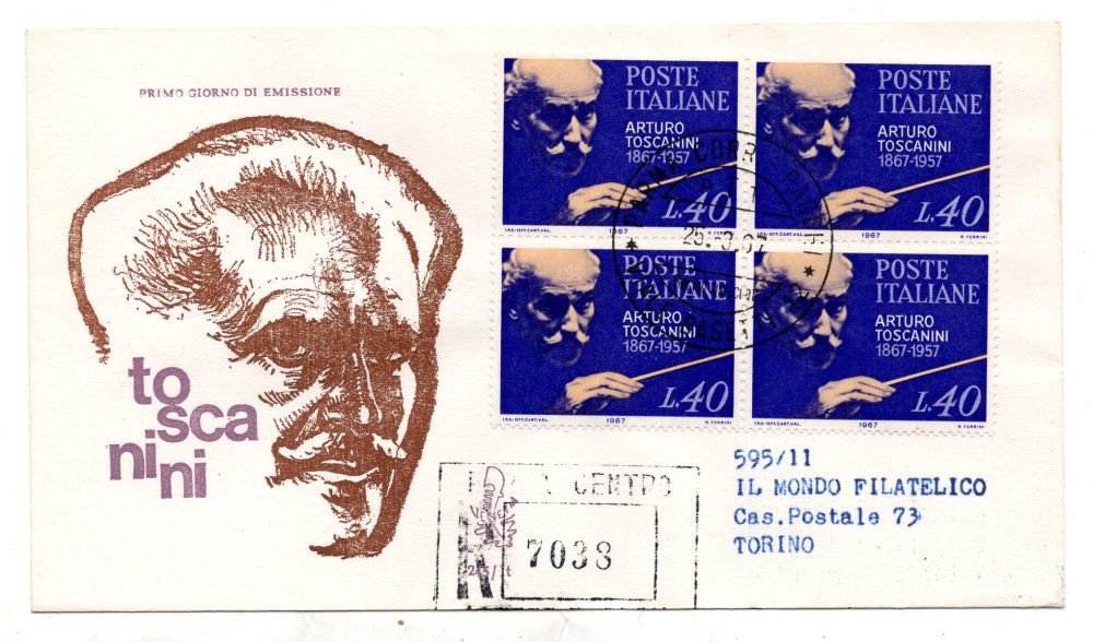 Italia FDC Venetia 1967 Toscanini quartina viaggiata Racc. per l'Italia