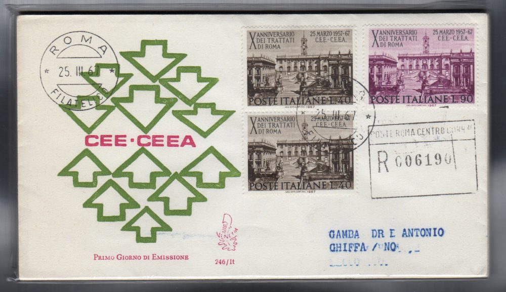 Italia FDC Venetia 1967 Trattati Coppia + singolo viaggiata Racc. per l'Italia