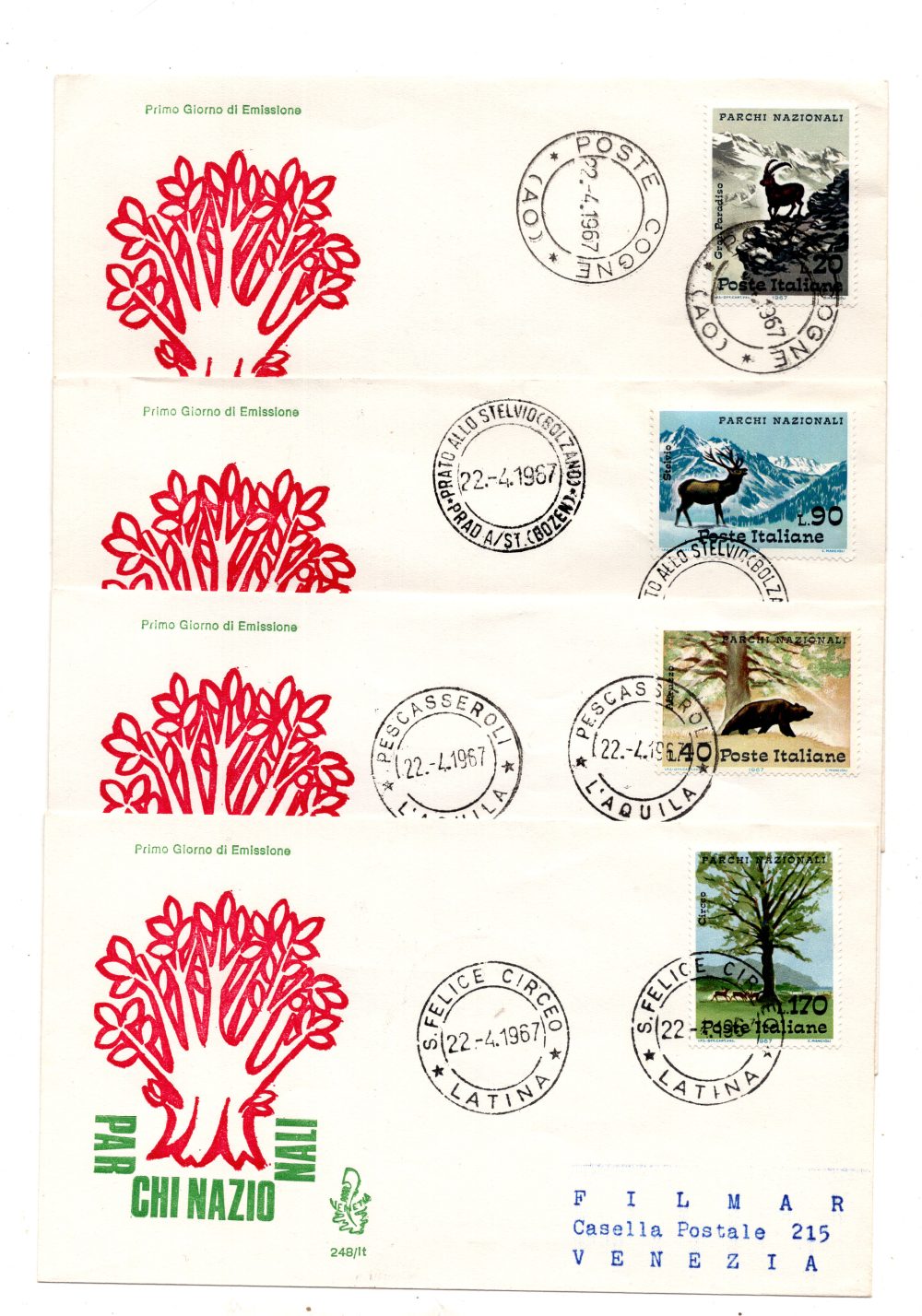 Italia 1967 Parchi Nazionali su 4 FDC Venetia viaggiate Italia