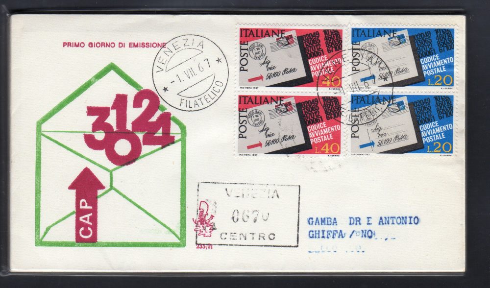 Italia FDC Venetia 1967 C.A.P. coppia viaggiata Racc. per l'Italia