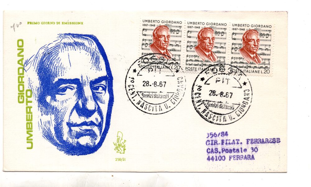 Italia FDC Venetia 1967 Giordano striscia di tre viaggiata  per l'Italia