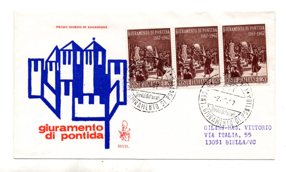 Italia FDC Venetia 1967 Pontida striscia di tre viaggiata  per l'Italia