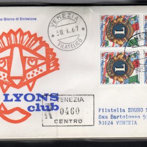 Italia FDC Venetia 1967 Lions quartina viaggiata Racc. per l'Italia