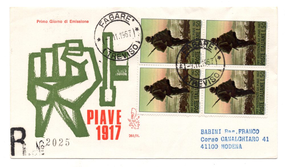 Italia FDC Venetia 1967 Piave quartina viaggiata Racc. per l'Italia