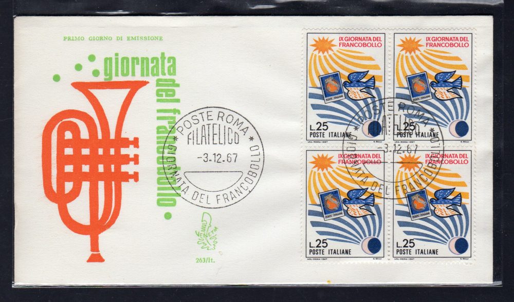 Italia FDC Venetia 1967 Gior. Francobollo quartina non viaggiata