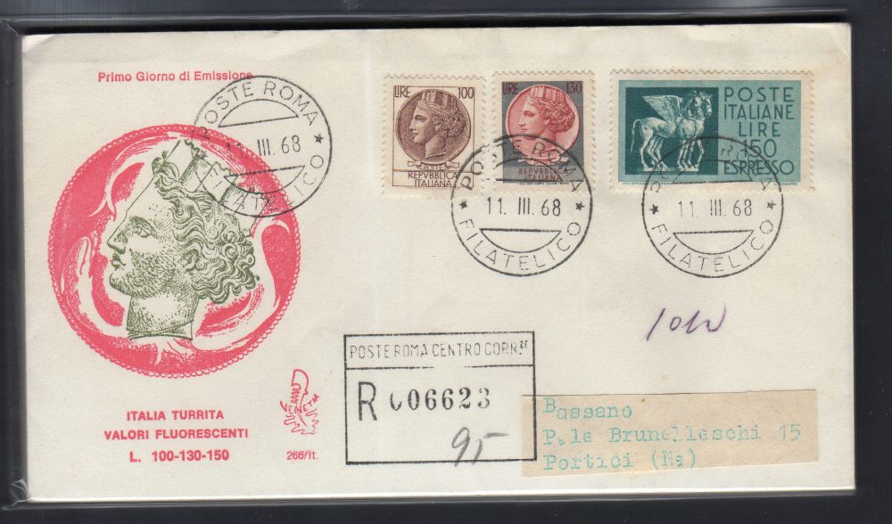 Italia FDC Venetia 1968 Siracusana + Espresso  viaggiata Racc. per l'Italia