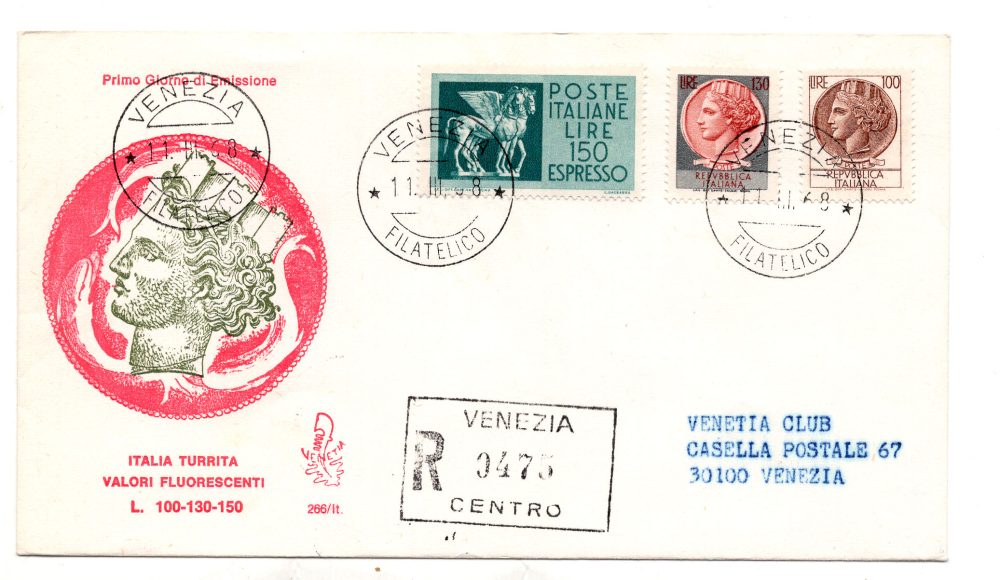 Italia FDC Venetia 1968 Siracusana + Espresso  viaggiata Racc. per l'Italia 821